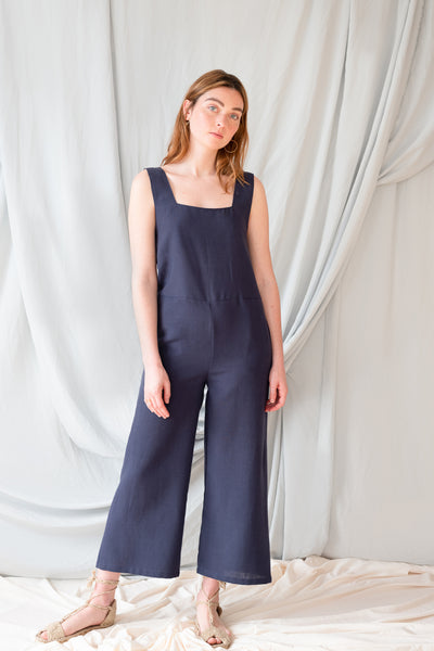 Gina Navy Blue or Beige Linen Jumpsuit